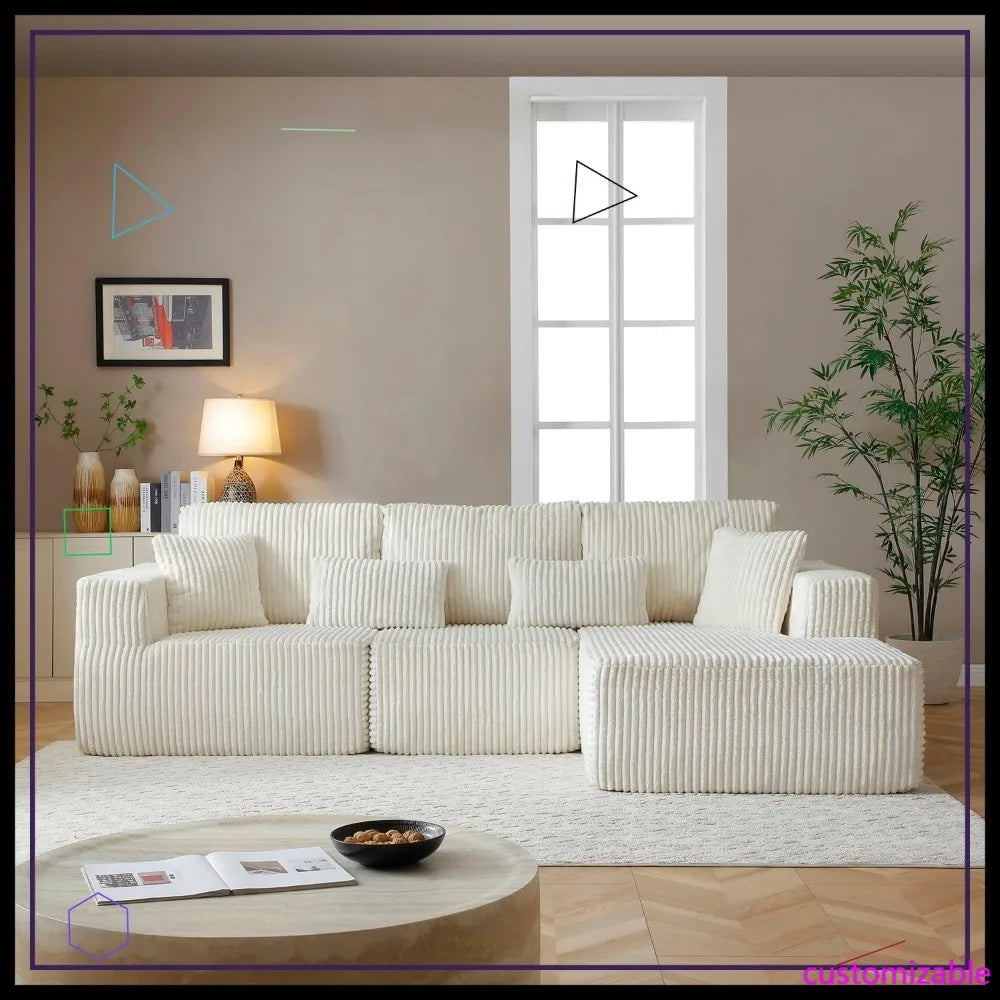 110" Modular Sectional Sofa, Corduroy Upholstered Deep Seat Couch for Living Room Bedroom, Left Facing Chaise Beige