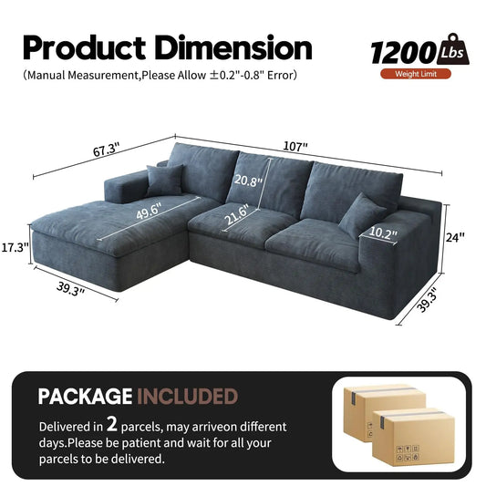 107'' L-Shaped Modern Modular Sectional Sofa Cloud Couch 4-Seat Chenille Deep-Seat Living Room Couch with Pillow Customized