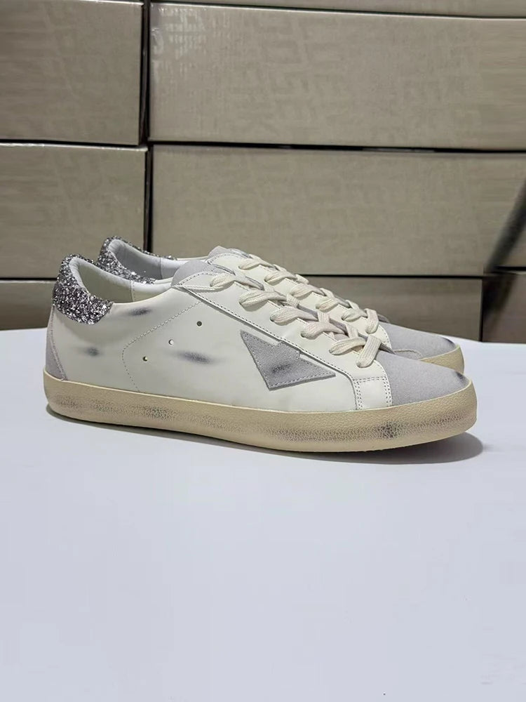 Spring Summer Fashion Casual Low-top Shiny Shoelaces Shoes Women's Round Toe Patchwork Diamond Heel Flat Bottom Sports Shoes