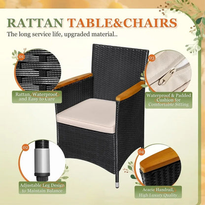 7 Piece Outdoor Patio Dining Set, Conversation Set, 1 Table and 6 Rattan Chairs, Curved Acacia Wood Armrests and Cushions