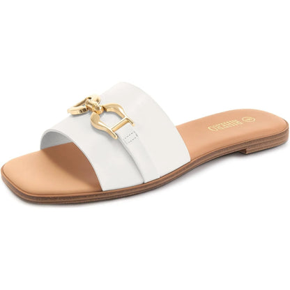 Women's Flat Sandals Summer Comfortable Square Open Toe Slip On Leather Slide Sandals