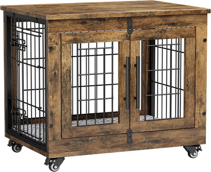 Dog Kennel Indoor Double Doors Wooden Dog Cage,  Heavy Duty Dog Crate with Cushion&Wheels,Decorative End Table Pet House
