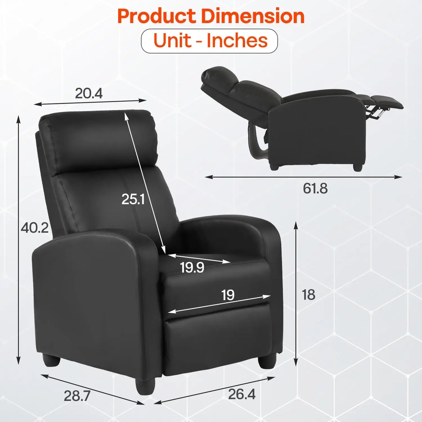 Massage Recliner Sofa with Lumbar Support and Adjustable Backrest for Living Room or Bedroom in Black Leather