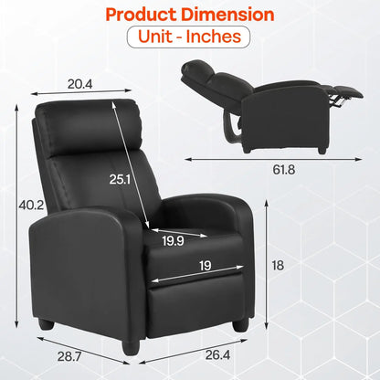 Massage Recliner Sofa with Lumbar Support and Adjustable Backrest for Living Room or Bedroom in Black Leather
