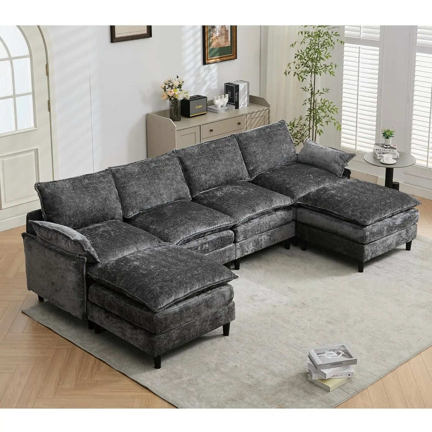 Modern U Shape Sectional Sofa Cloud Couch, 110" Upholstery Chenille Fabric Modular Couch, Comfy 4 Seat Sleeper Sofa With Double