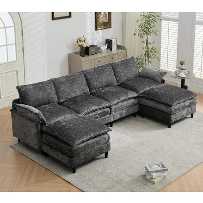 Modern U Shape Sectional Sofa Cloud Couch, 110" Upholstery Chenille Fabric Modular Couch, Comfy 4 Seat Sleeper Sofa With Double