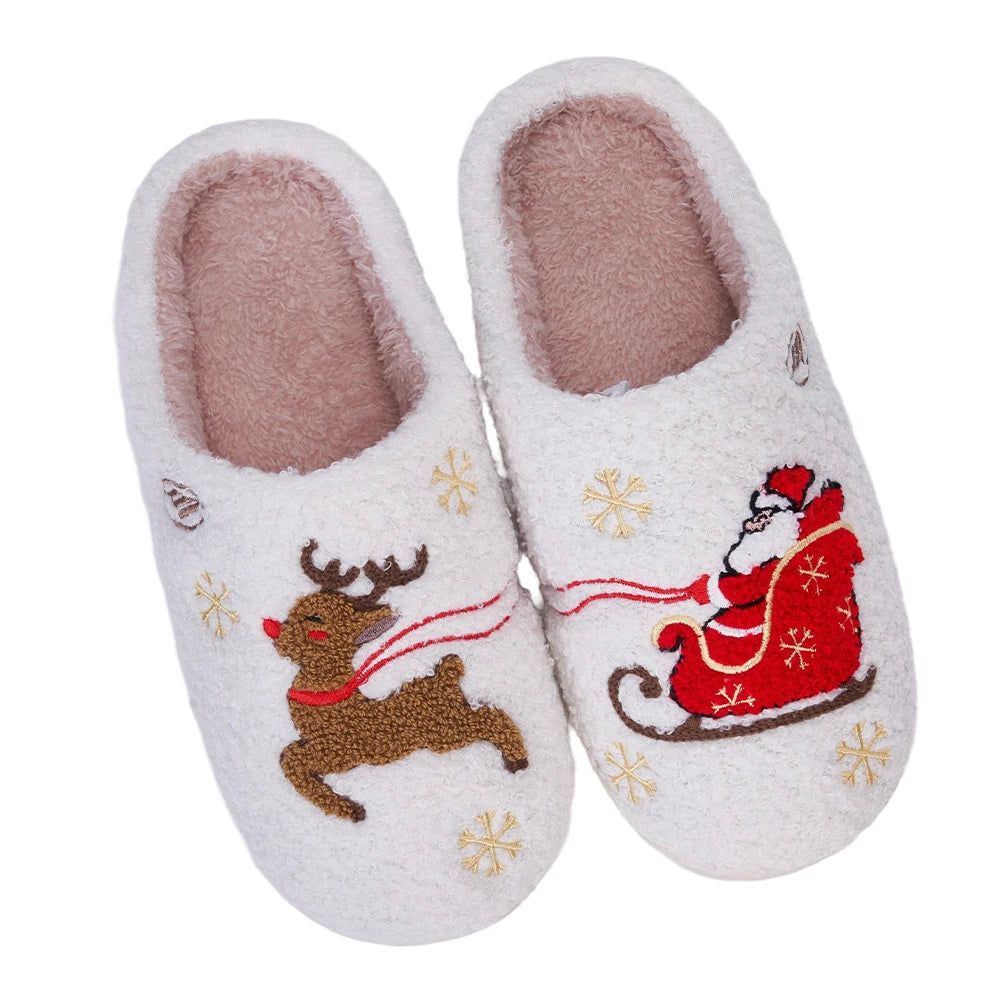Santa Claus Elk Christmas Plush Slippers Comfortable Thermal Couple Slippers Non-Slip Fuzzy Closed Toe Slippers for Men Women