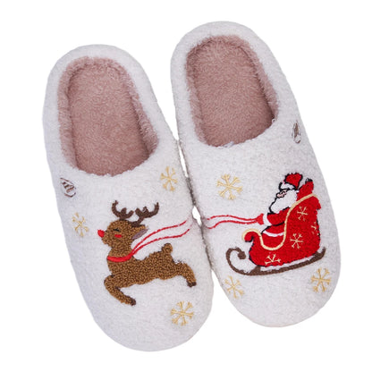 Santa Claus Elk Christmas Plush Slippers Comfortable Thermal Couple Slippers Non-Slip Fuzzy Closed Toe Slippers for Men Women