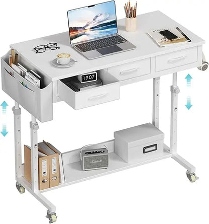 White Portable Rolling Computer Desk - 40 Inch Adjustable Mobile Standing Teacher Desks with 3 Fabric Drawers on Wheels, Couch S
