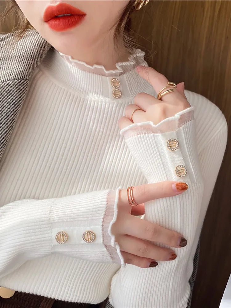 2025 Knitted Women Sweater O-neck Button Pullovers Spring Autumn Basic Sweaters for Female Pullover Slim Solid Bold Lace Tops