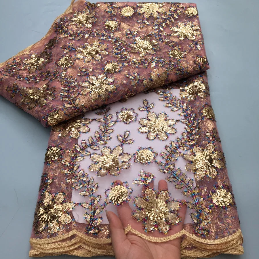 20225 French Flocking Tulle Lace Fabric High Quality 5 Yards Embroidered Sequins African Nigerian Lace Fabric for women Sewing