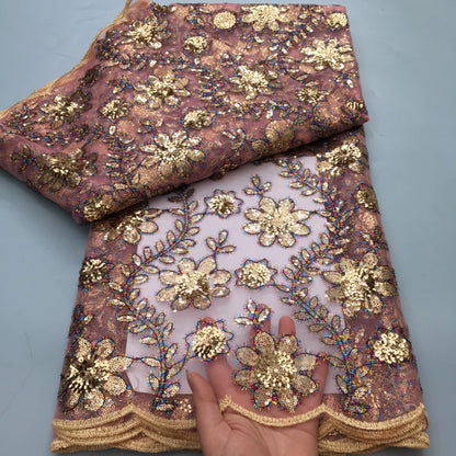 20225 French Flocking Tulle Lace Fabric High Quality 5 Yards Embroidered Sequins African Nigerian Lace Fabric for women Sewing