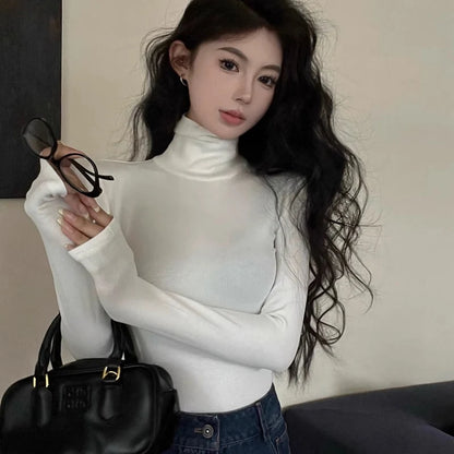 Winter Women Classic Basic Turtleneck Tops Lady Comfortable Thermal Long Sleeve Clothes Female Retro Versatile Elastic Pullover