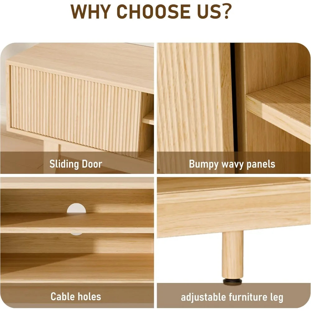 TV Stands for 55 60 65 inch TV, Oak Fluted TV Stand for Living Room Bedroom, Mid Century Modern TV Console Tables, Entertainment