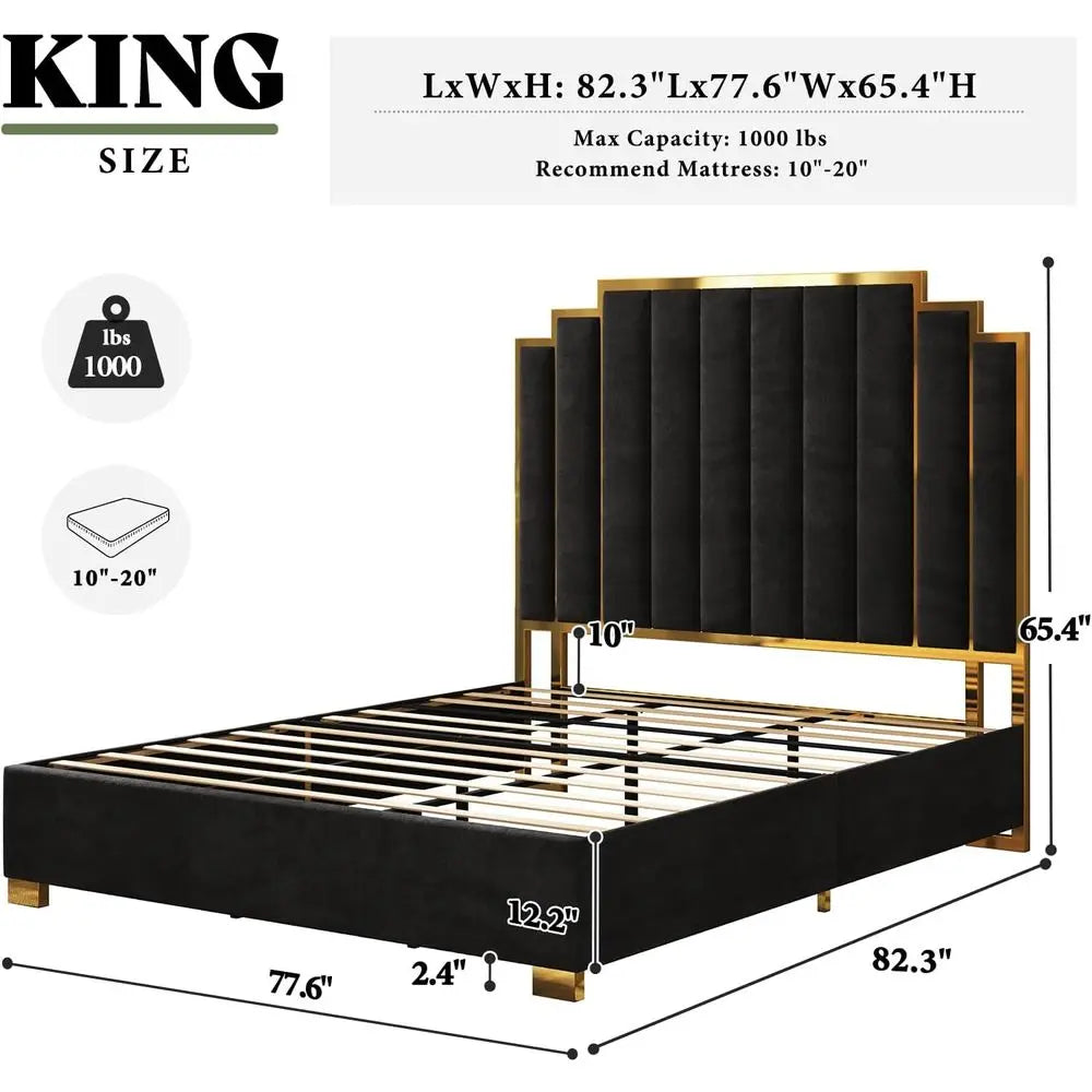 Modern Velvet King Bed Frame with 65.4 High Gold Trim Headboard, No Box Spring RequiredCustomized