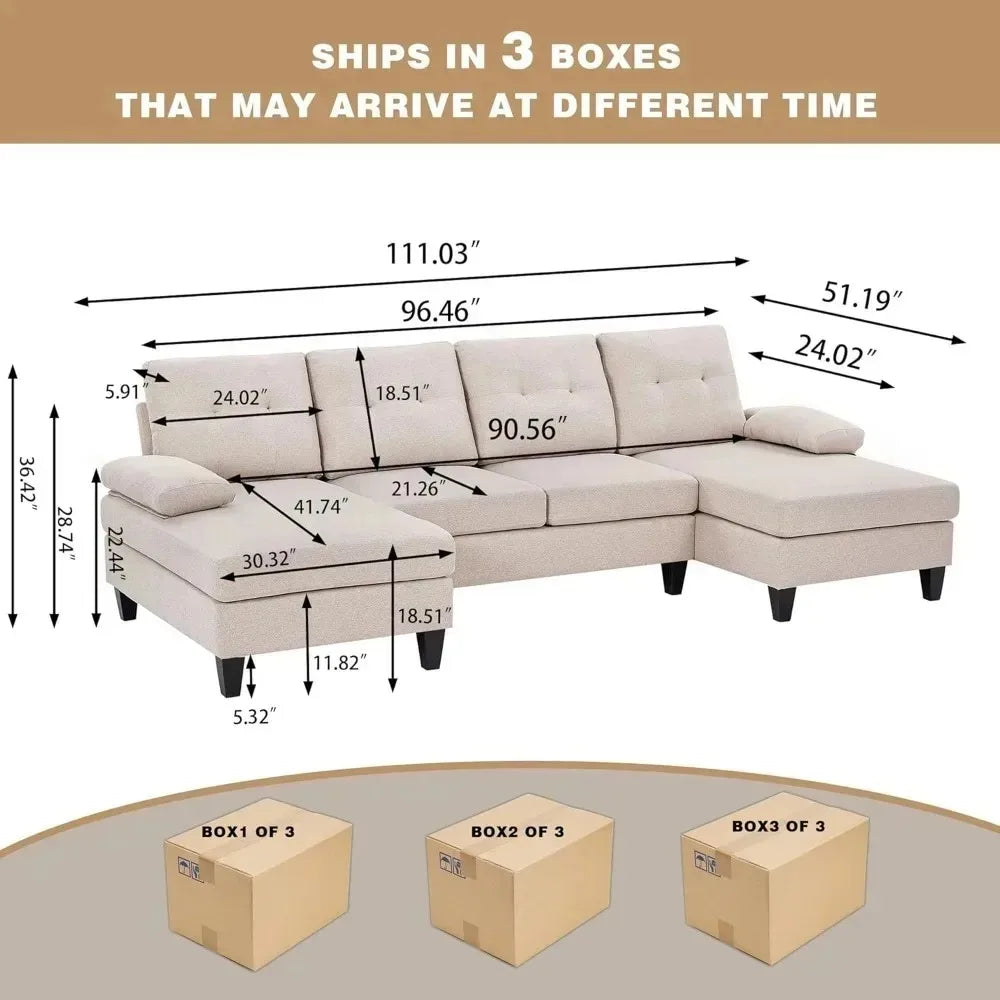 111'' Sectional Couch with Double Chaise – Modern Polyester Fibre U-Shaped Sofa, Upholstered 4-Seater for Living Room