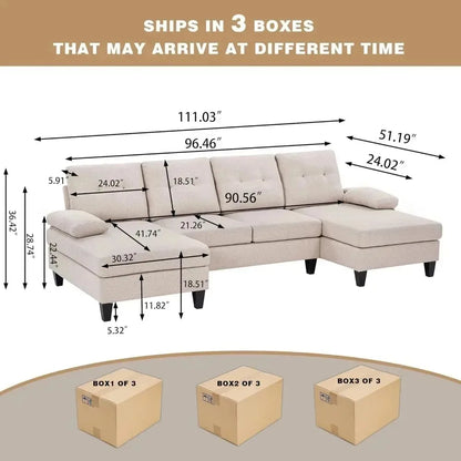 111'' Sectional Couch with Double Chaise – Modern Polyester Fibre U-Shaped Sofa, Upholstered 4-Seater for Living Room