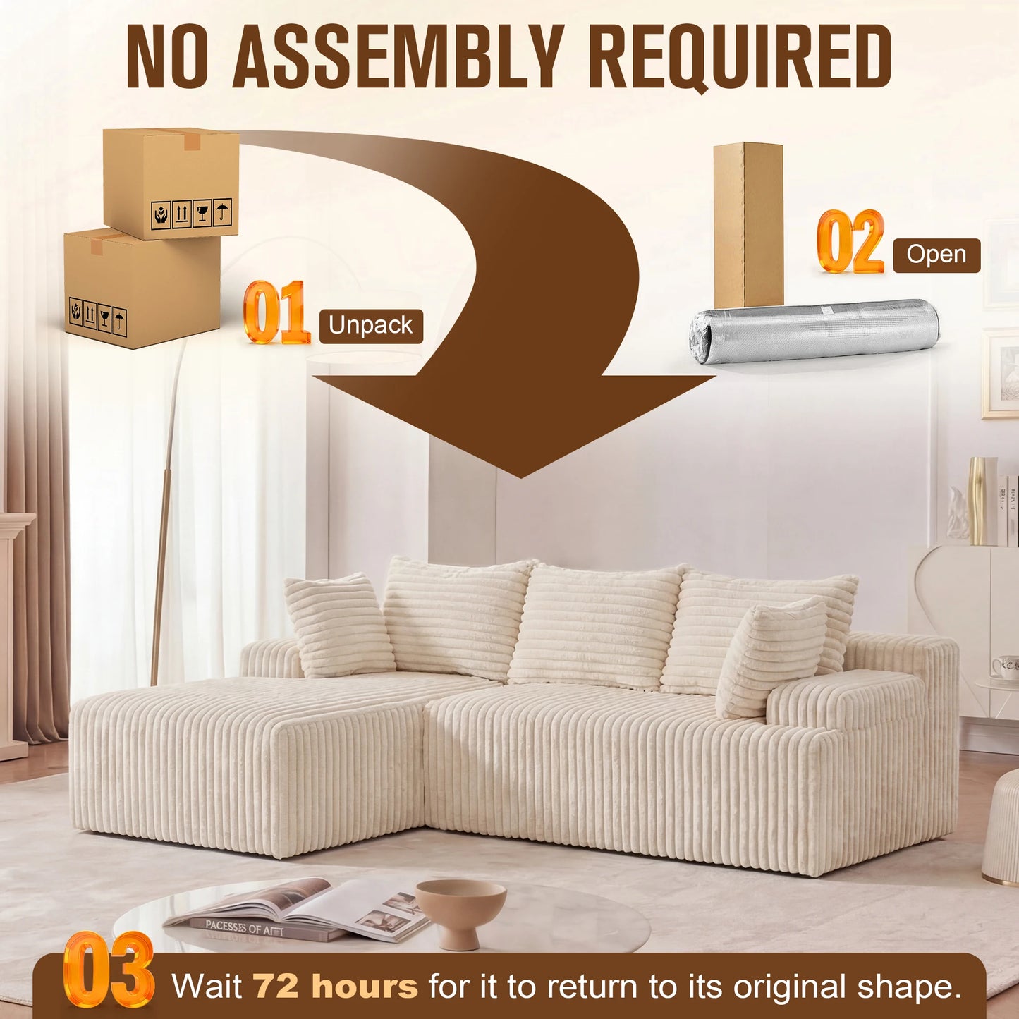 Redlife L-Shape Corduroy Sectional Sofa,Cloud-Like Couch,Boneless Couches, No Assembly Required,Deep Seat, for Living Room