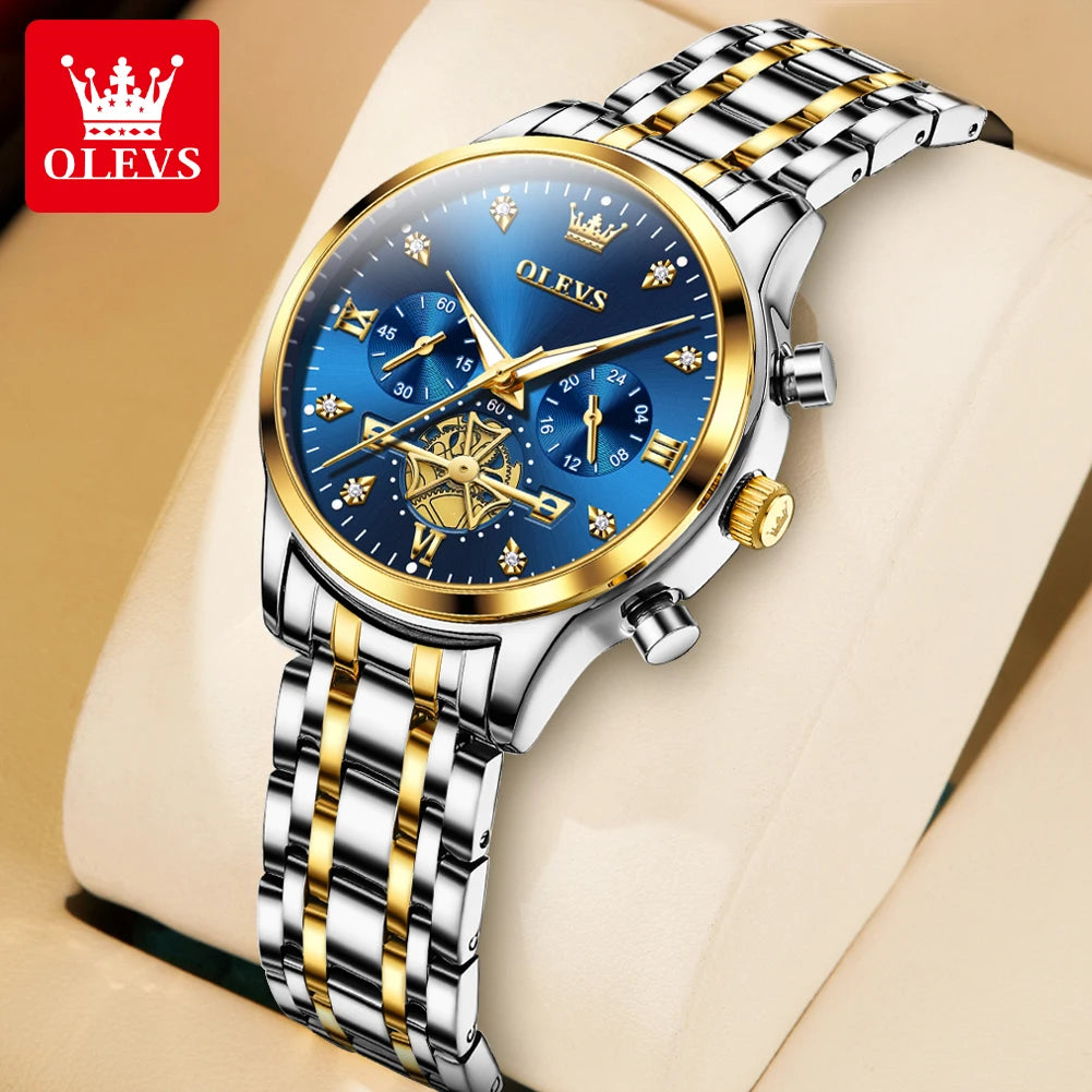OLEVS Flywheel Skeleton Women Quartz Watch Stainless steel Chronograph Waterproof Luminous Ladies Bracelet Watch for Women Set