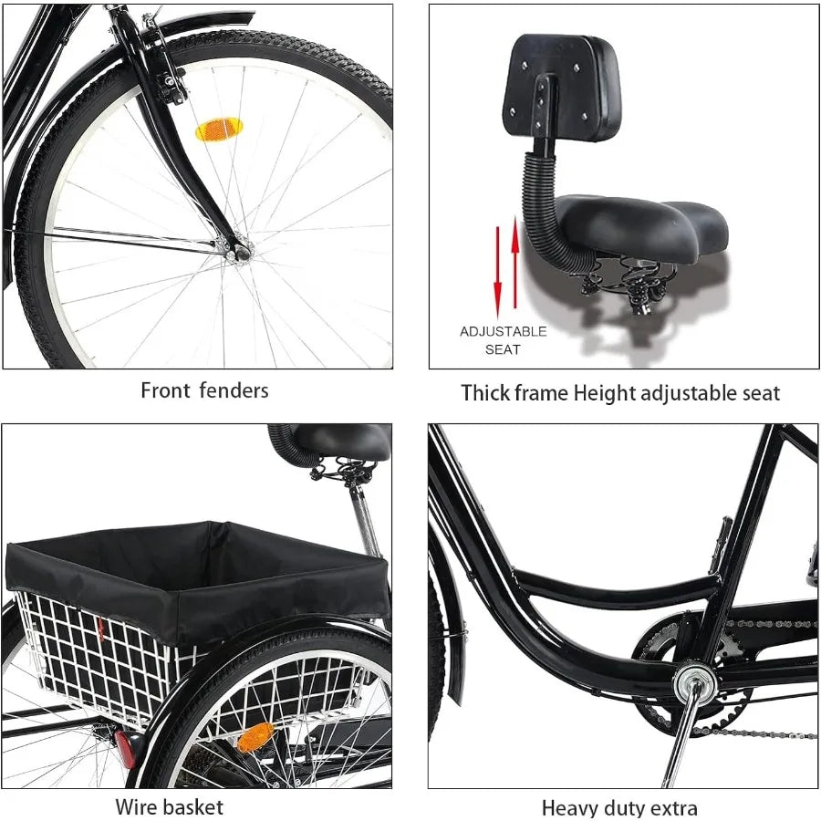 24 26 Adult Tricycle 7 Speed 3 Wheel Mountain Trikes Three Wheeled Bikes with Basket Backrest Seat for Seniors Women Men Multip
