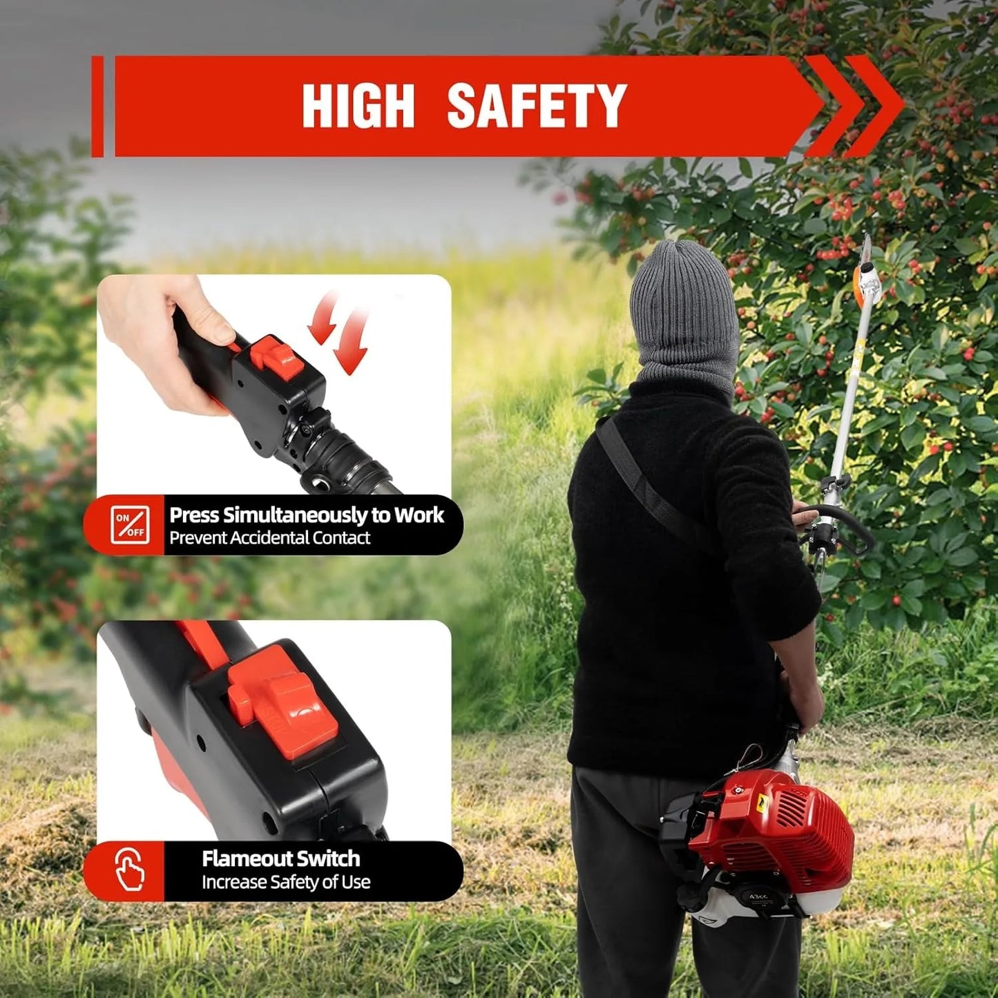 42.7CC Gas Powered Pole Saws 2-Stroke Gas Pole Saws with Single-Cylinder , Pole Chainsaw Suitable for Pruning Branches