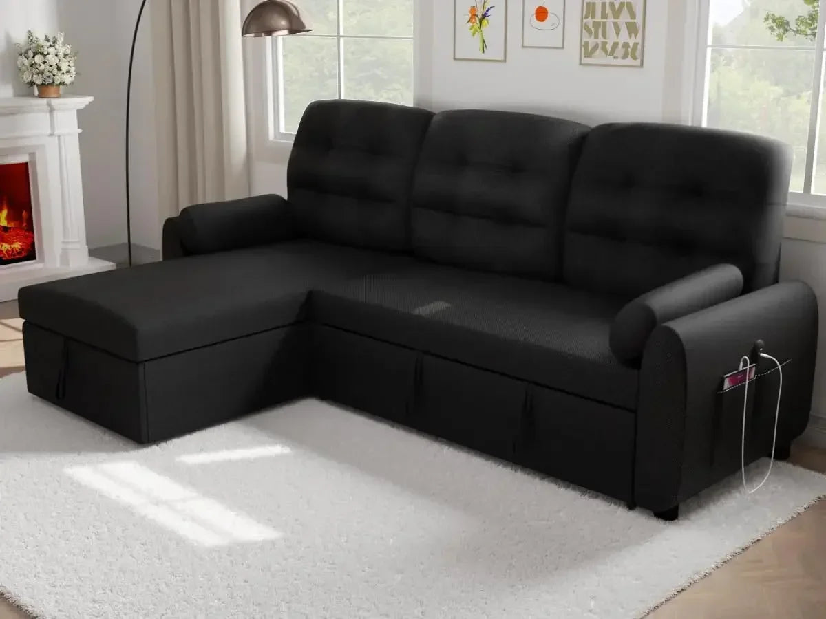 Sectional Sofa Couch, 87" Sleeper Sofa Bed with Reversible Storage Chaise Pull Out Couch for Living Room Linen Fabric, Black
