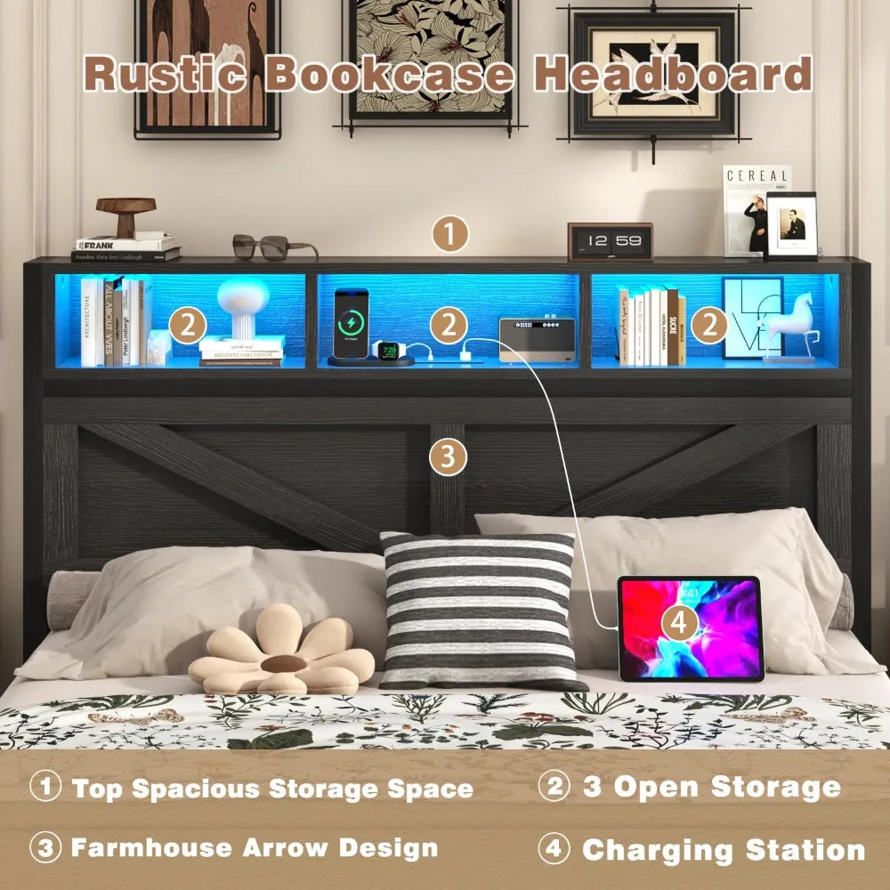 Farmhouse King Bed Frame with Bookcase Storage Headboard, Charging Station, LED Light and 2 Storage Drawers, Noise, Customized