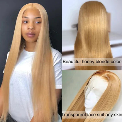 13x6 Honey Blonde HD Transparent Lace Front Wigs Human Hair #27 Colored Brazilian Bone Straight Lace Frontal Human Hair Wigs