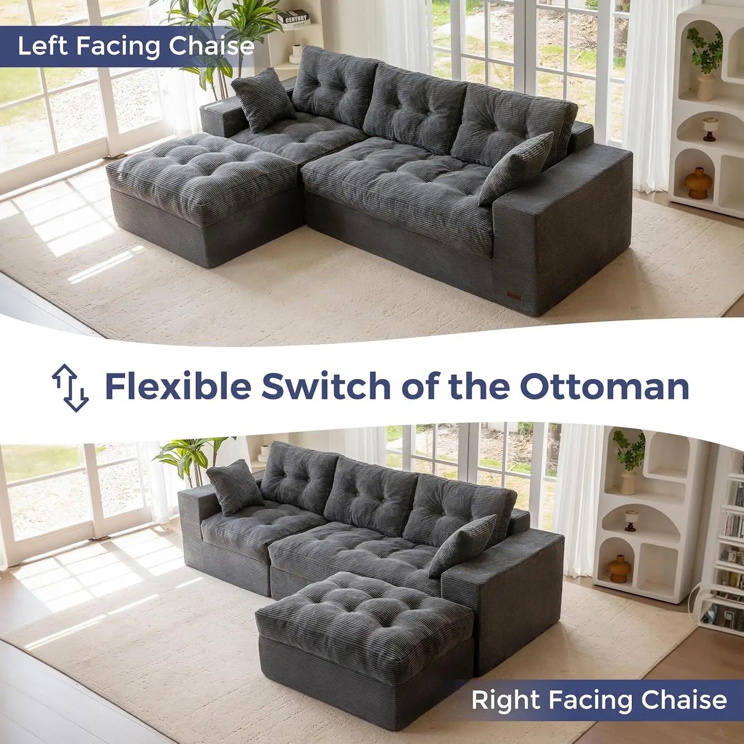 104" L Shaped Modular Sectional Sofa with Ottoman, Cloud Boneless Couch with Layered Cushion, Upholstered Sofa in a Box, Flexibl