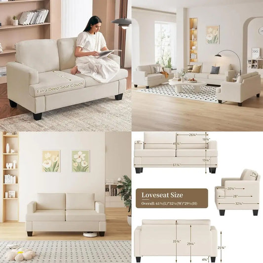 62" Loveseat Couch, Modern Love Seat Couches for Small Spaces, Beige Linen Sofa, Deep Seat Sofa for Living Room, Small 2 Seater