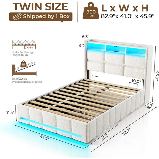 Bed Frame Twin Size with Lift Up Storage, Charging Station & LED Lights, Upholstered Storage Headboard, Wooden Slats, Beds Frame