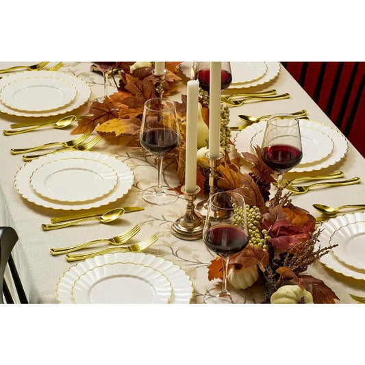 100-Pc Heavyweight Thanksgiving Plates - Ivory Scalloped Gold Trim, 50 Guest Capacity