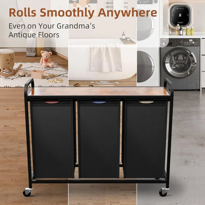 Rolling 3-Section Laundry Hamper with Pull-Out Bags, Top Shelf, and Wheels for Large Capacity Sorting