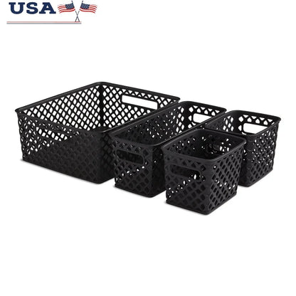 4 Piece Black Decorative Storage Basket Set Durable Plastic Organization Bins with Cut-Out Handles Versatile Home Storage