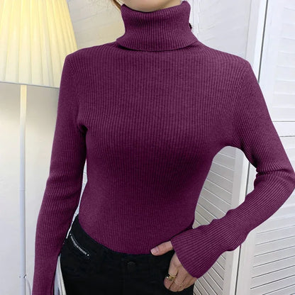 Women Solid Color Long Sleeves Turtleneck Knitted  Sweater Basic Soft Pullovers Simple Elegant Fashion New