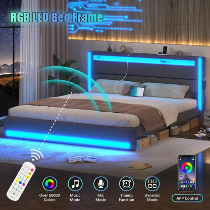 King Size Platform Bed with LED Lights, USB Charging & Adjustable Headboard - Dark Grey, No Box Spring Needed