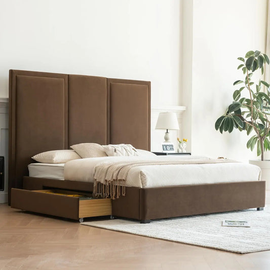 King Size Bed Frame with 64-inch High Headboard, Simple and Airy Linen Upholstered Platform Bed with Storage, Customized