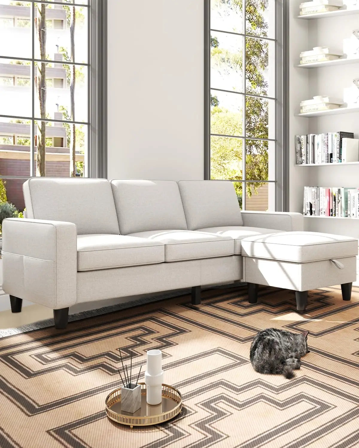 Couch for Living Room-78'' Beige Linen 3 Seat L-Shaped Sectional Sofa Couches with Storage Ottoman-Modern Small Space.Customized