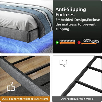Floating Bed Frame Full with LED Lights, Metal Platform Full size Floating Bed Frame with Under Bed Storage, Heavy Duty Steel