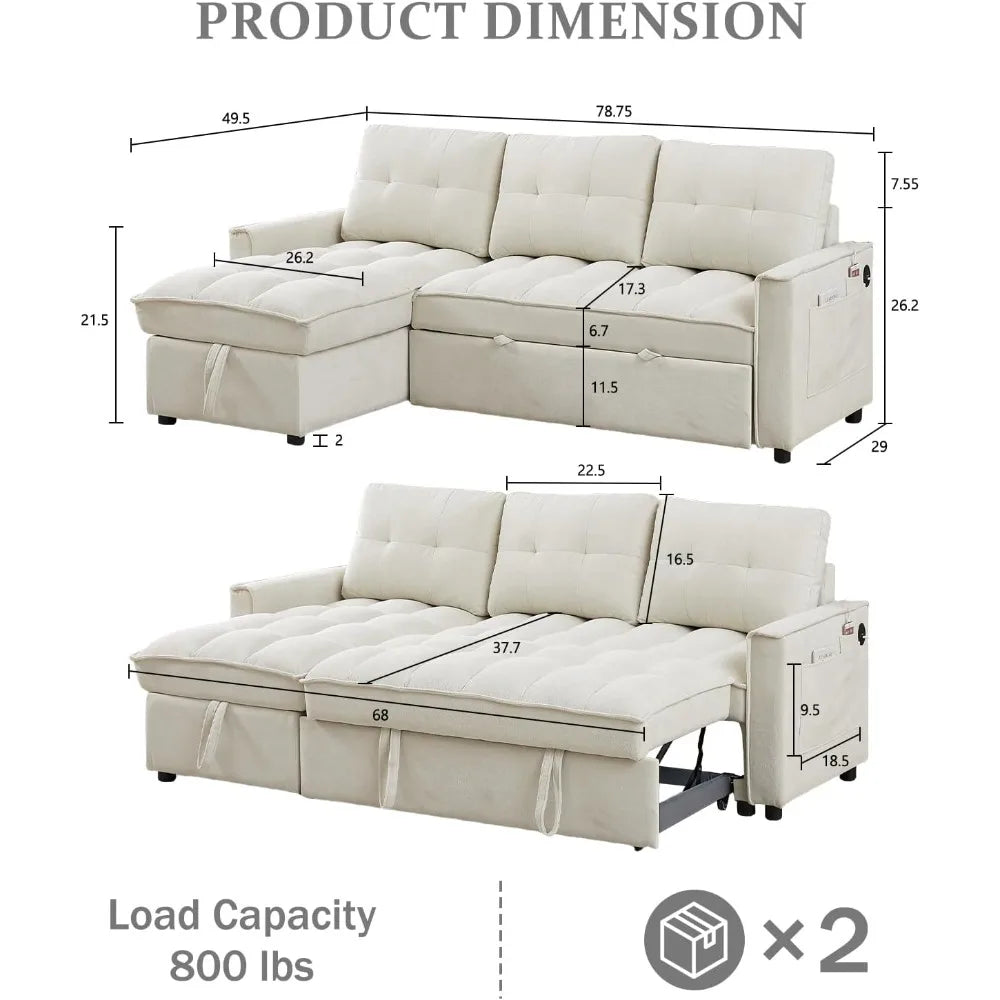 78.75" Sleeper Sofa Couch,Modern L-Shaped Couches, Pull Out Couch with USB Ports&Side Pocket,Sleeper Sectional Sofa for Living
