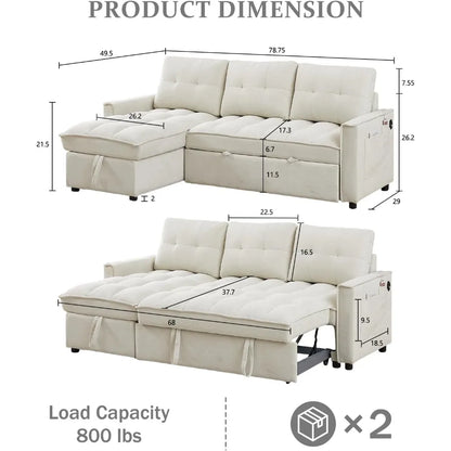78.75" Sleeper Sofa Couch,Modern L-Shaped Couches, Pull Out Couch with USB Ports&Side Pocket,Sleeper Sectional Sofa for Living