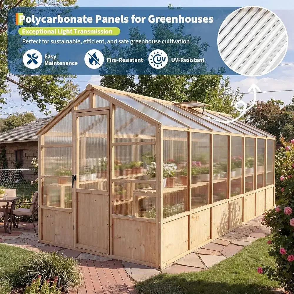 8x14 T Wooden Greenhouse or Outdoor, Walk-in Greenhouse Kit with Ventilated Window & Lockable Door & Polyte Panels, Large Wood e
