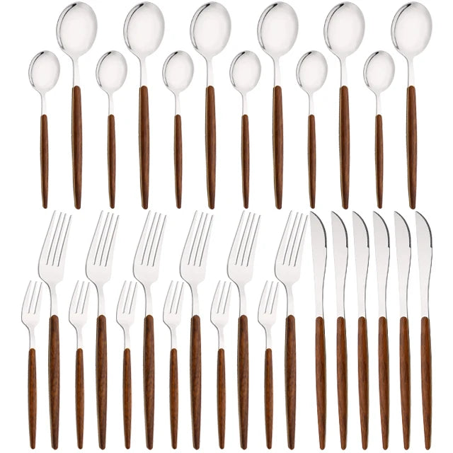 16/24/36Pcs Dinnerware Set Stainless Steel Imitation Wooden Handle Clamp Western Knife Fork Spoon Cutlery Tableware Silverware