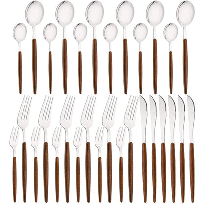 16/24/36Pcs Dinnerware Set Stainless Steel Imitation Wooden Handle Clamp Western Knife Fork Spoon Cutlery Tableware Silverware