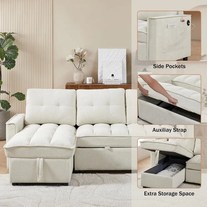 78.75" Sleeper Sofa Couch,Modern L-Shaped Couches, Pull Out Couch with USB Ports&Side Pocket,Sleeper Sectional Sofa for Living