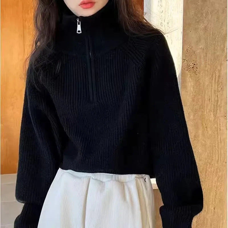 Half Zip Collar Sweater Women Pullovers Soft Knitted Long Sleeve Short Jumper Fall Winter Teen-girl Korean Fashion Outfit