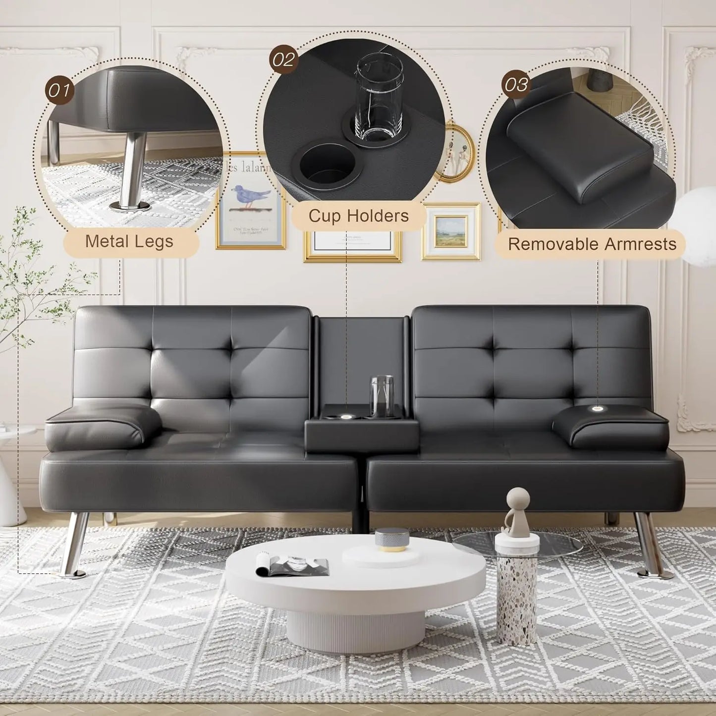 Convertible Folding Futon Sofa Bed Sleeper Couch for Living Room Faux Leather Upholstered Loveseat w/Removable Armrests