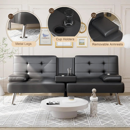 Convertible Folding Futon Sofa Bed Sleeper Couch for Living Room Faux Leather Upholstered Loveseat w/Removable Armrests