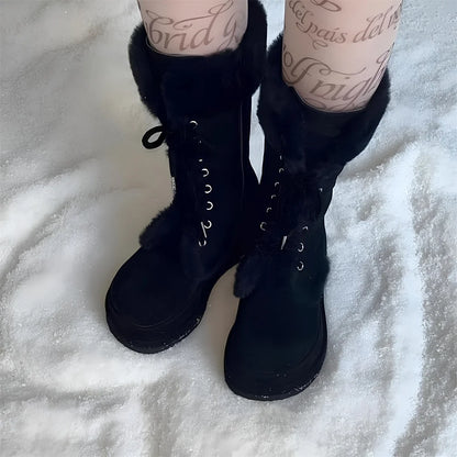 Winter Warm Faux Fur Mid Calf Snow Boots Fashion Platform Wedges High Heels Side Zipper Lace-up Boots for Women