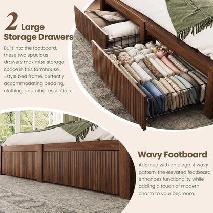 King Bed Frame and Headboard& 2 Storage Drawer, King Size Bed Frame with LED Light and Charging Port, Farmhouse, Customized